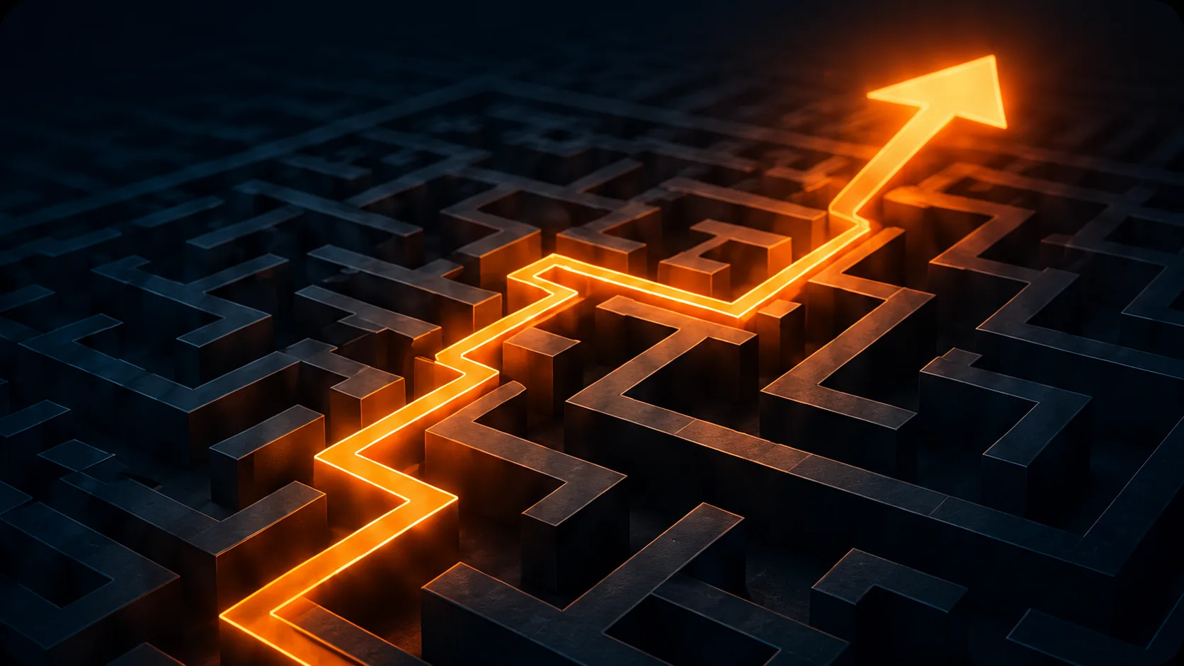 Glowing path navigating through a complex maze toward a successful solution