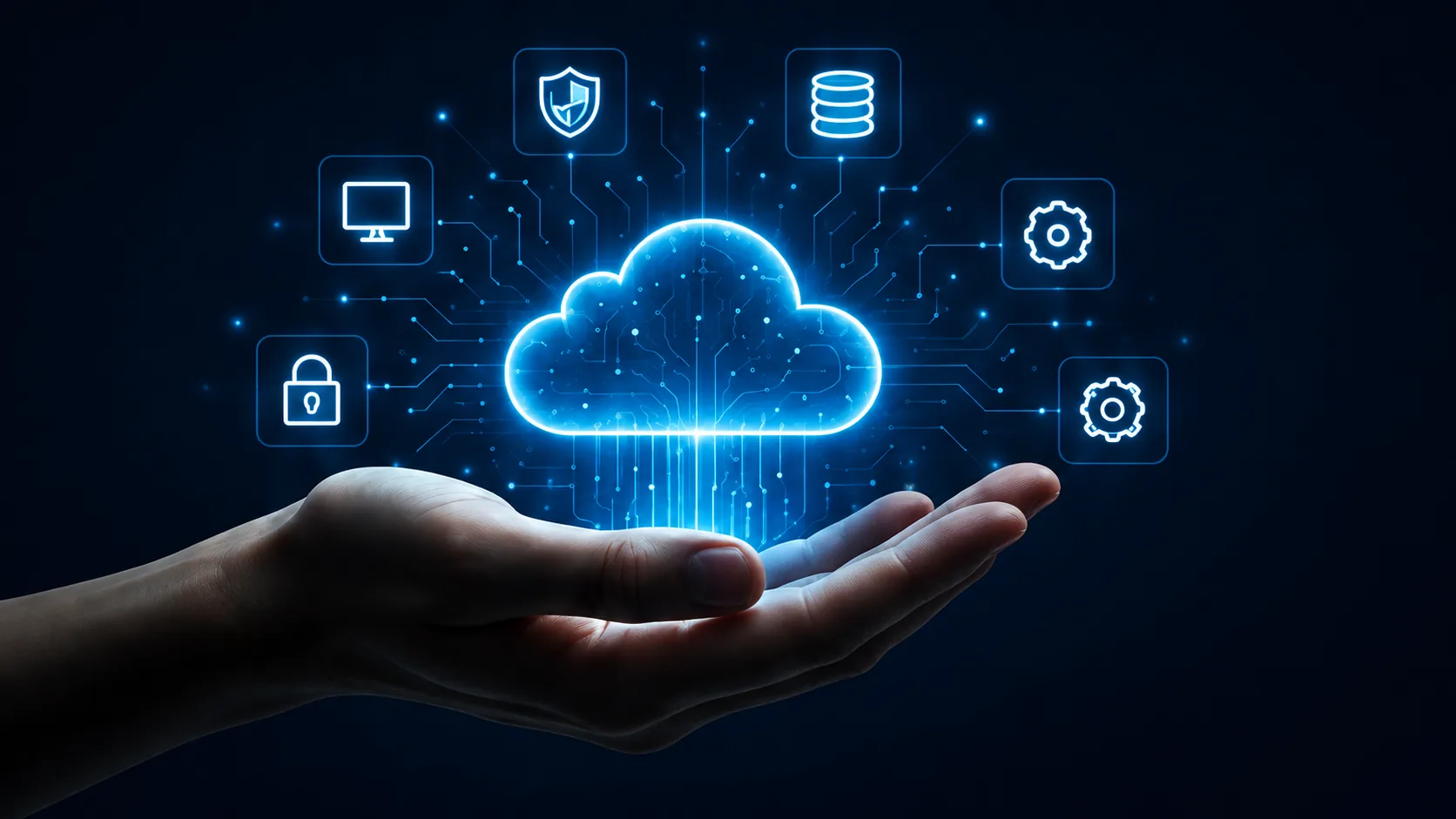 Cloud technology platform representing security, databases, automation, and connected digital systems